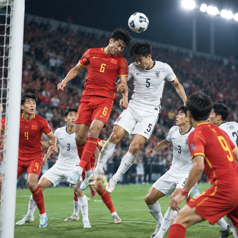 U23国足比赛中与韩国队争抢头球,场上球员专注防守定位球