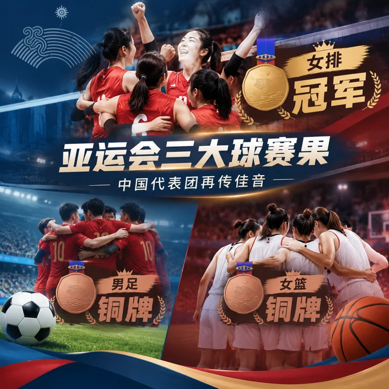 亚运会三大球项目赛场综合示意图,女排夺冠与多支球队领奖场景,体育新闻风格