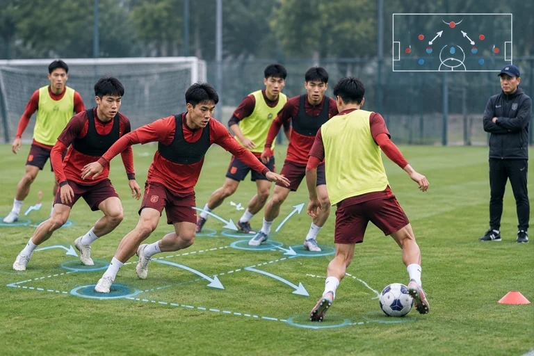 U23国足赛前训练与高位逼抢战术示意图